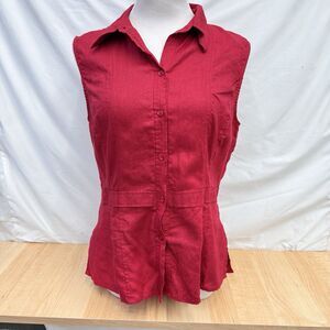 Worthington Womens Size 12 Button Front Sleeveless Top Red Linen 100% Linen